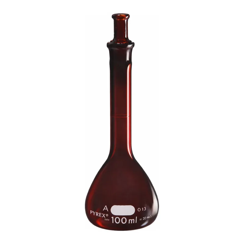 Merck Pyrex volumetric flask, low actinic, heavy duty wide mouth, with Pyrex stopper