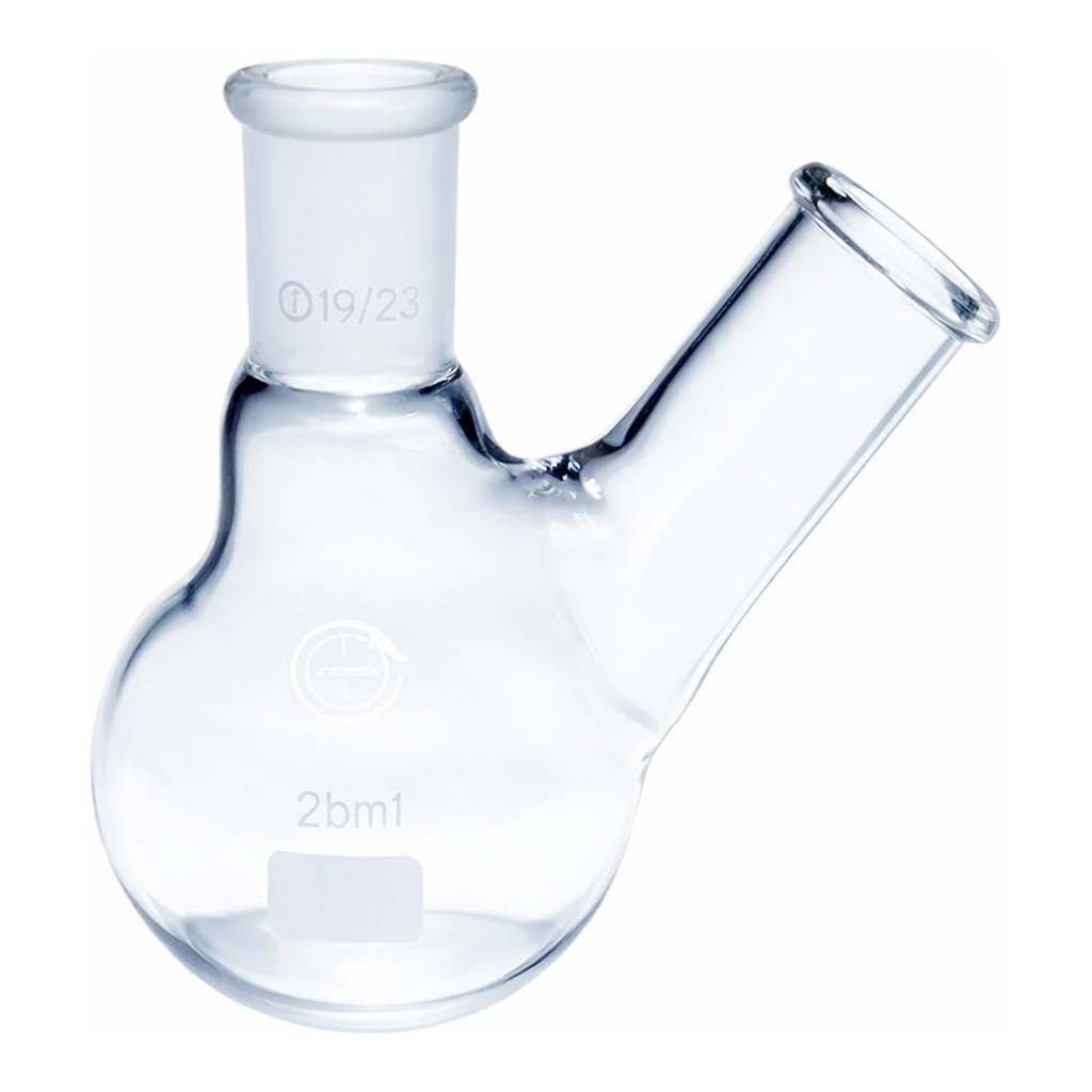 Merck Quickfit two-neck round-bottom flasks, with septum-inlet