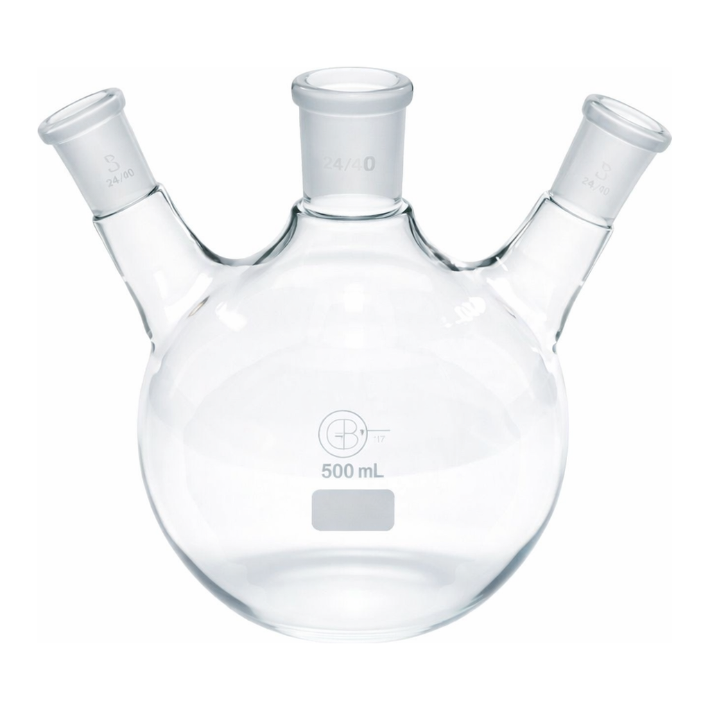 Merck Quickfit three-neck round-bottom flasks with angled necks