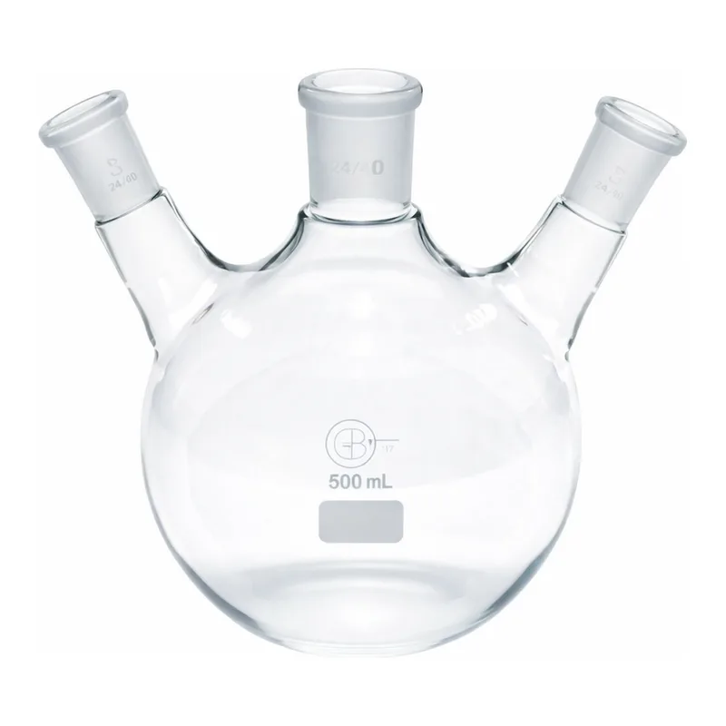 Merck Quickfit three-neck round-bottom flasks with angled necks