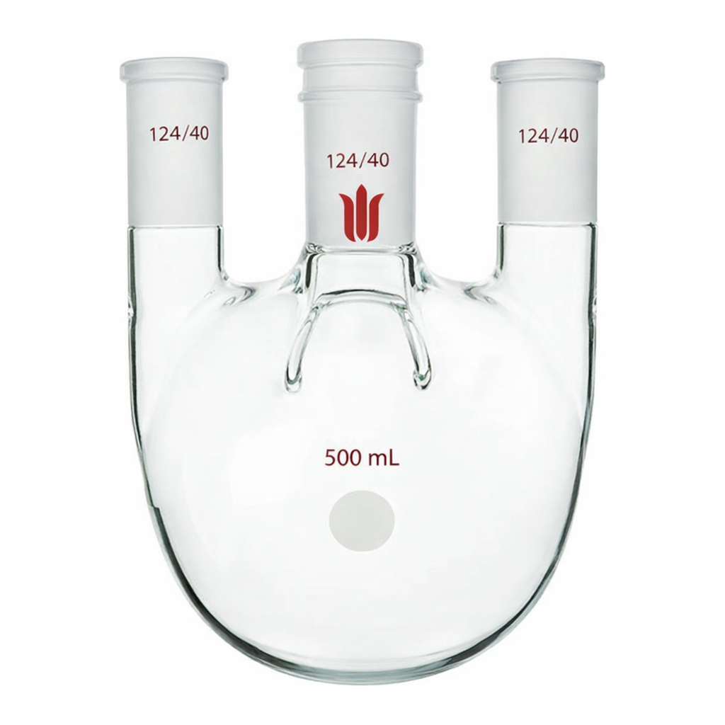 Merck Synthware four-neck round-bottom flask with vertical side necks