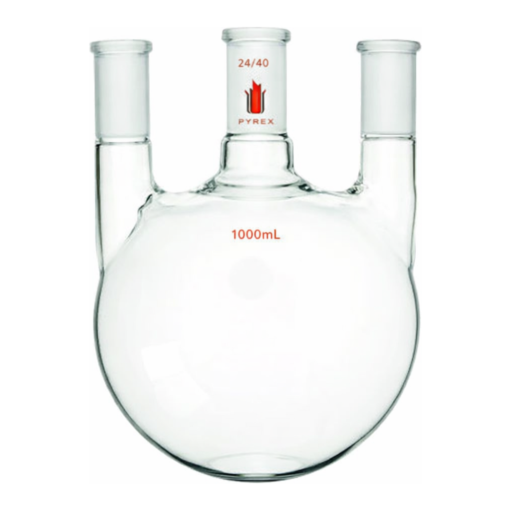 Merck Synthware three neck round bottom flask with vertical side necks