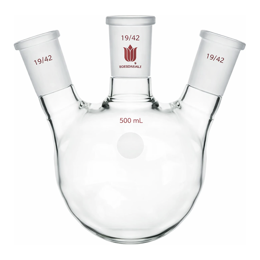 Merck Synthware three neck round bottom flask with angled side necks