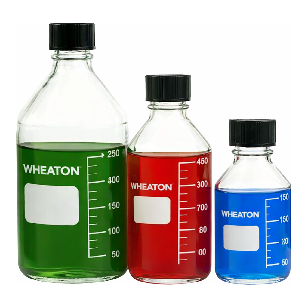 Merck Wheaton media bottles, glass