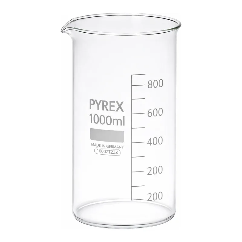 Merck Pyrex Berzelius beakers, graduated, tall form with spout, with printed trace code
