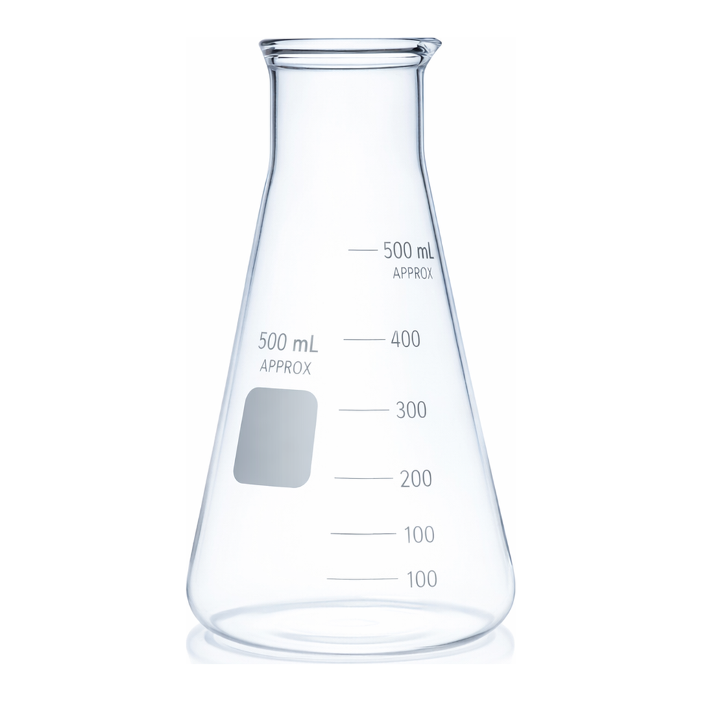 Merck Pyrex Erlenmeyer flask, wide neck, heavy duty, with printed trace code