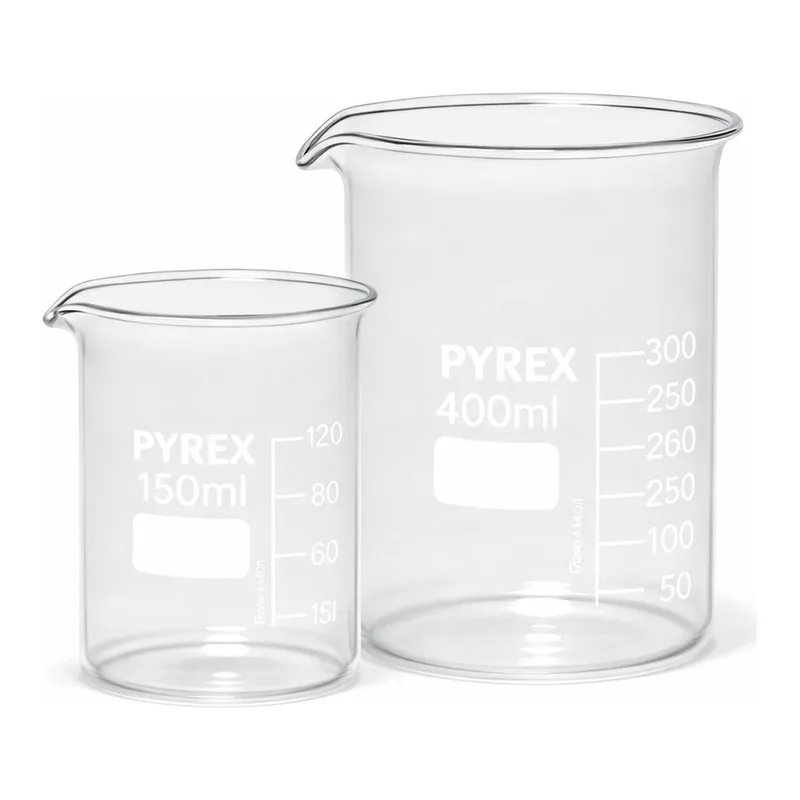 Merck Pyrex Griffin beakers, low form, with printed trace code