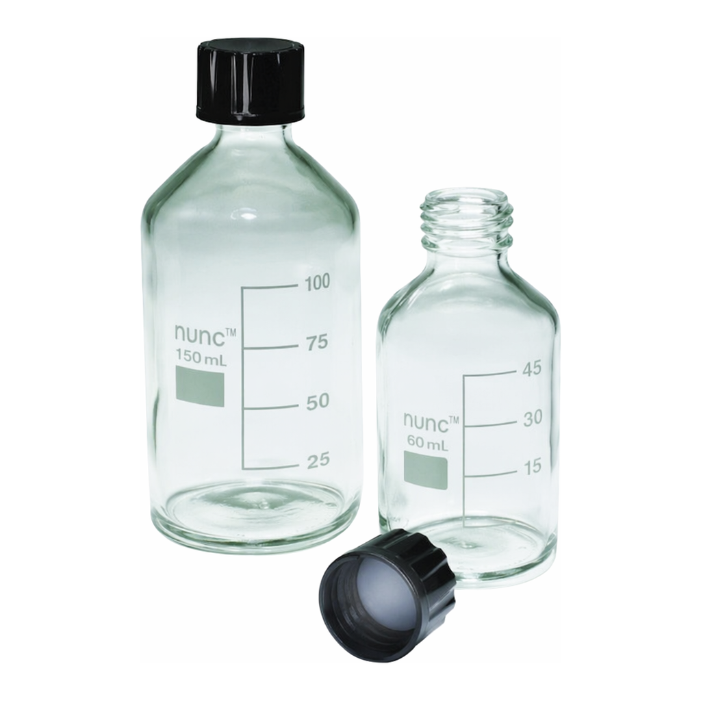 Merck Pyrex Reagent bottles, round bottom with reusable screw caps