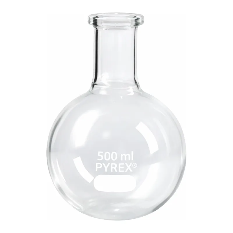 Merck Pyrex round-bottom boiling flask, short ring neck