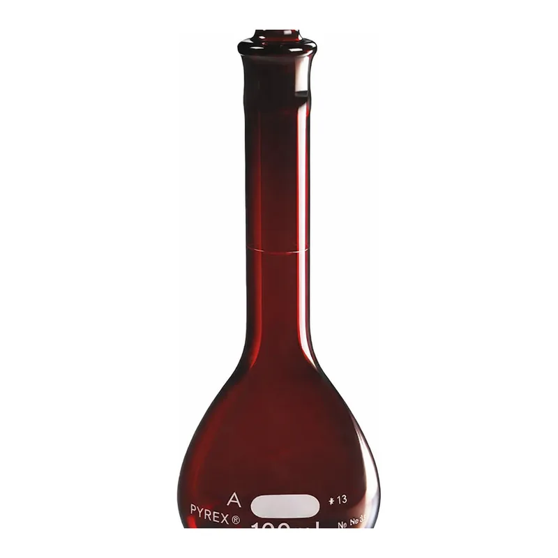Merck Pyrex volumetric flask, low actinic, heavy duty wide mouth, with Pyrex stopper