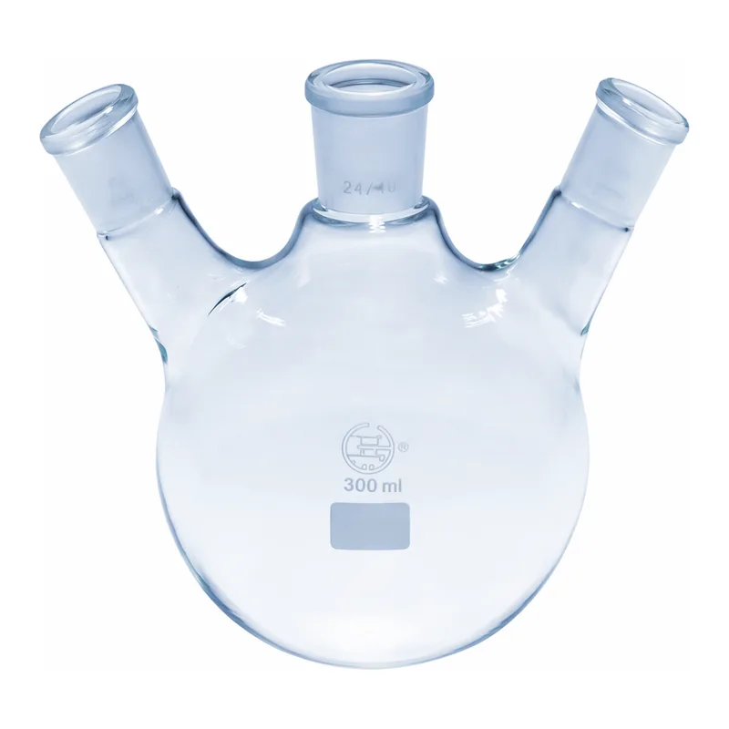 Merck Quickfit three-neck round-bottom flasks with angled necks