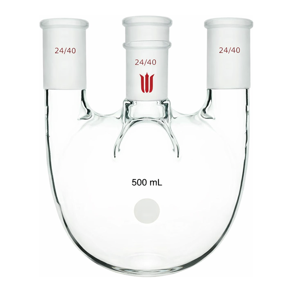 Merck Synthware four-neck round-bottom flask with vertical side necks
