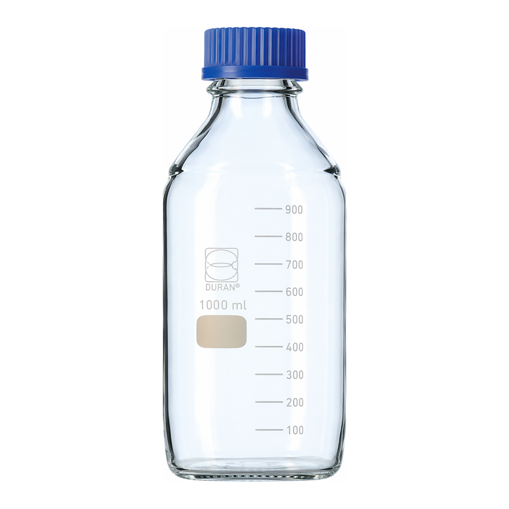 Merck Duran square bottle, clear, with cap and pouring ring (PP)