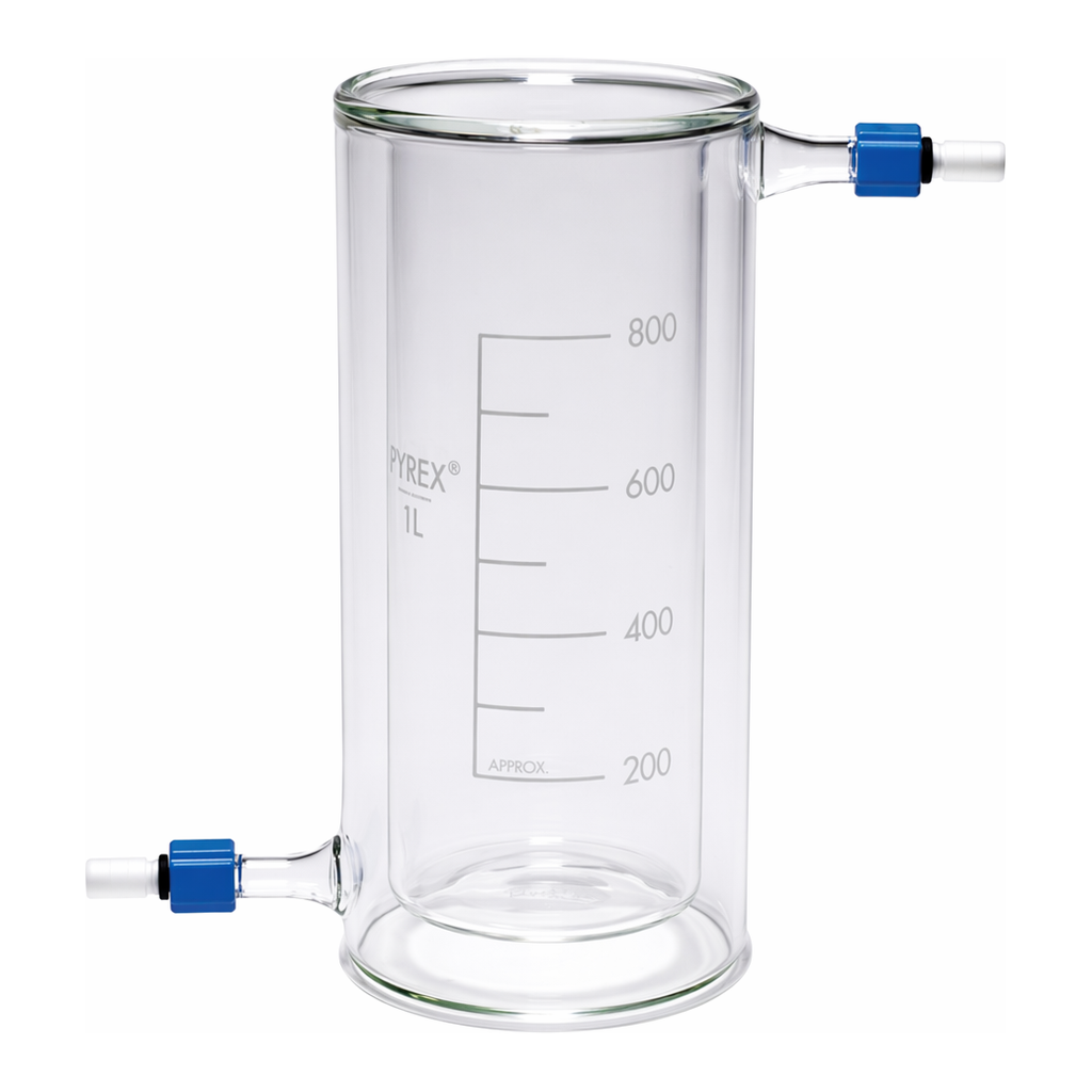 Merck Pyrex Beakers, jacketed with PTFE screwthread