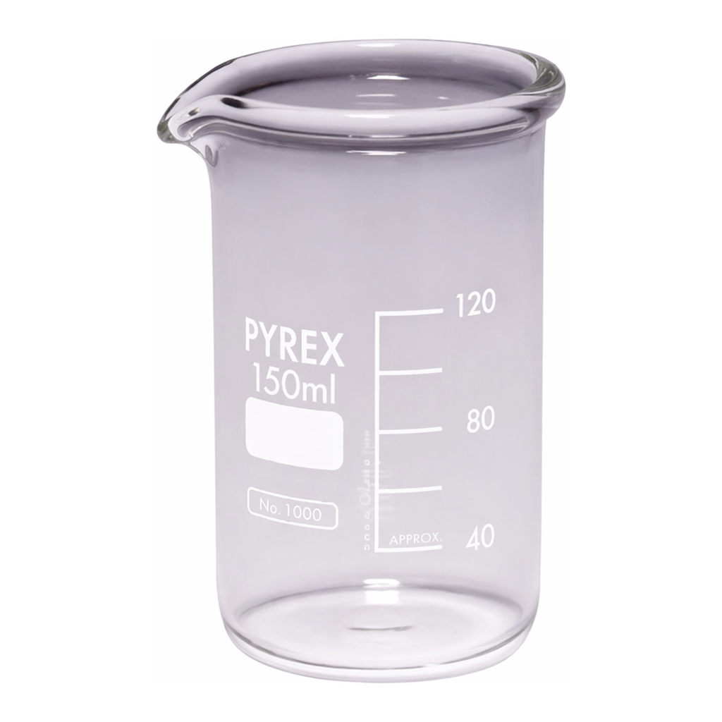 Merck Pyrex Berzelius beakers, heavy duty, tall form, with printed trace code