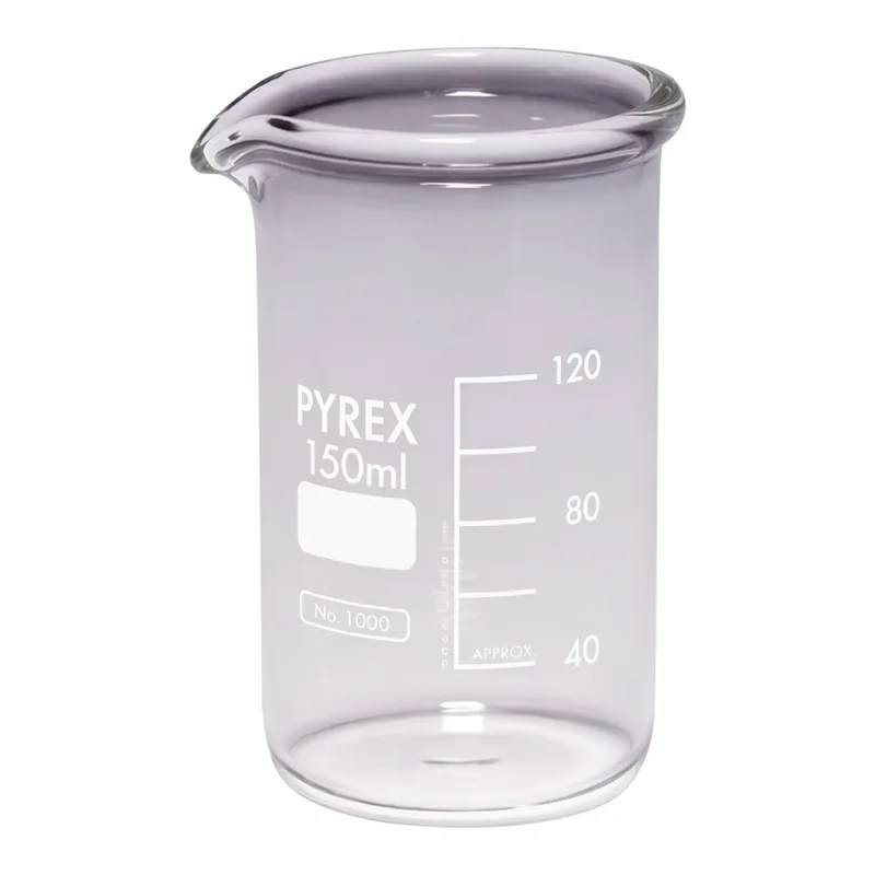 Merck Pyrex Berzelius beakers, heavy duty, tall form, with printed trace code