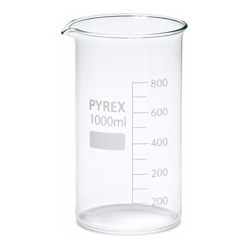 Merck Pyrex Berzelius beakers, graduated, tall form with spout, with printed trace code