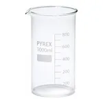 Merck Pyrex Berzelius beakers, graduated, tall form with spout, with printed trace code