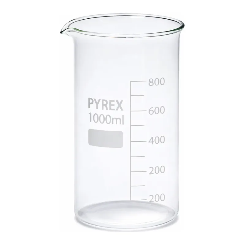 Merck Pyrex Berzelius beakers, graduated, tall form with spout, with printed trace code