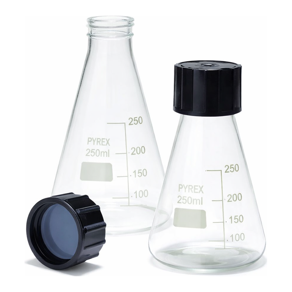 Merck Pyrex Erlenmeyer flask, graduated with SVL screwcaps