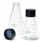 Merck Pyrex Erlenmeyer flask, graduated with SVL screwcaps