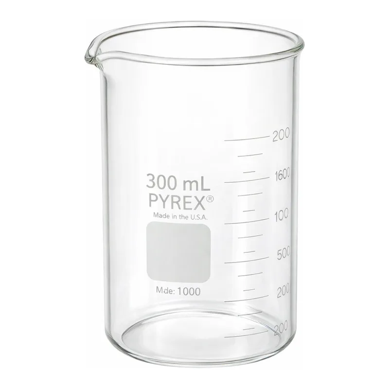 Merck Pyrex Berzelius graduated beaker, tall form with spout