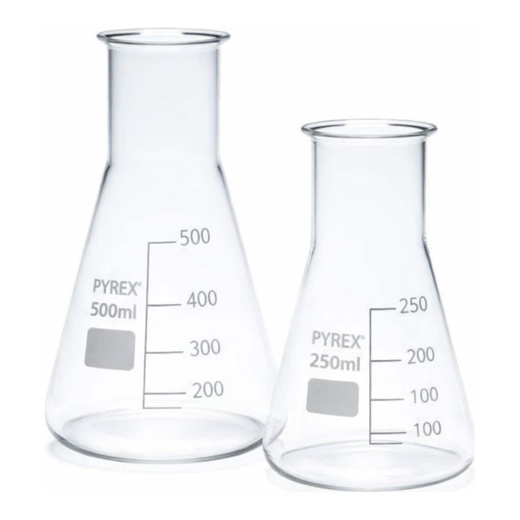 Merck Pyrex Erlenmeyer flask, wide neck, with printed trace code