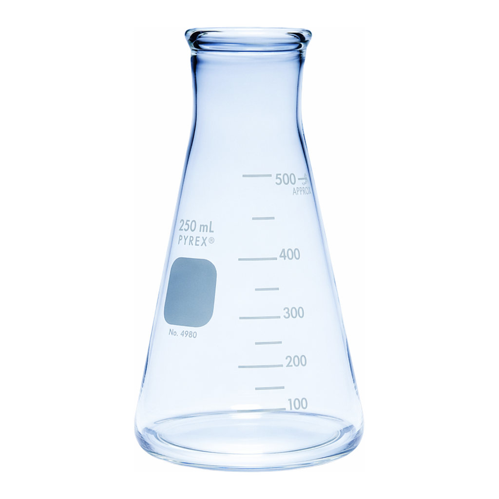 Merck Pyrex Erlenmeyer flask, wide neck, heavy duty, with printed trace code