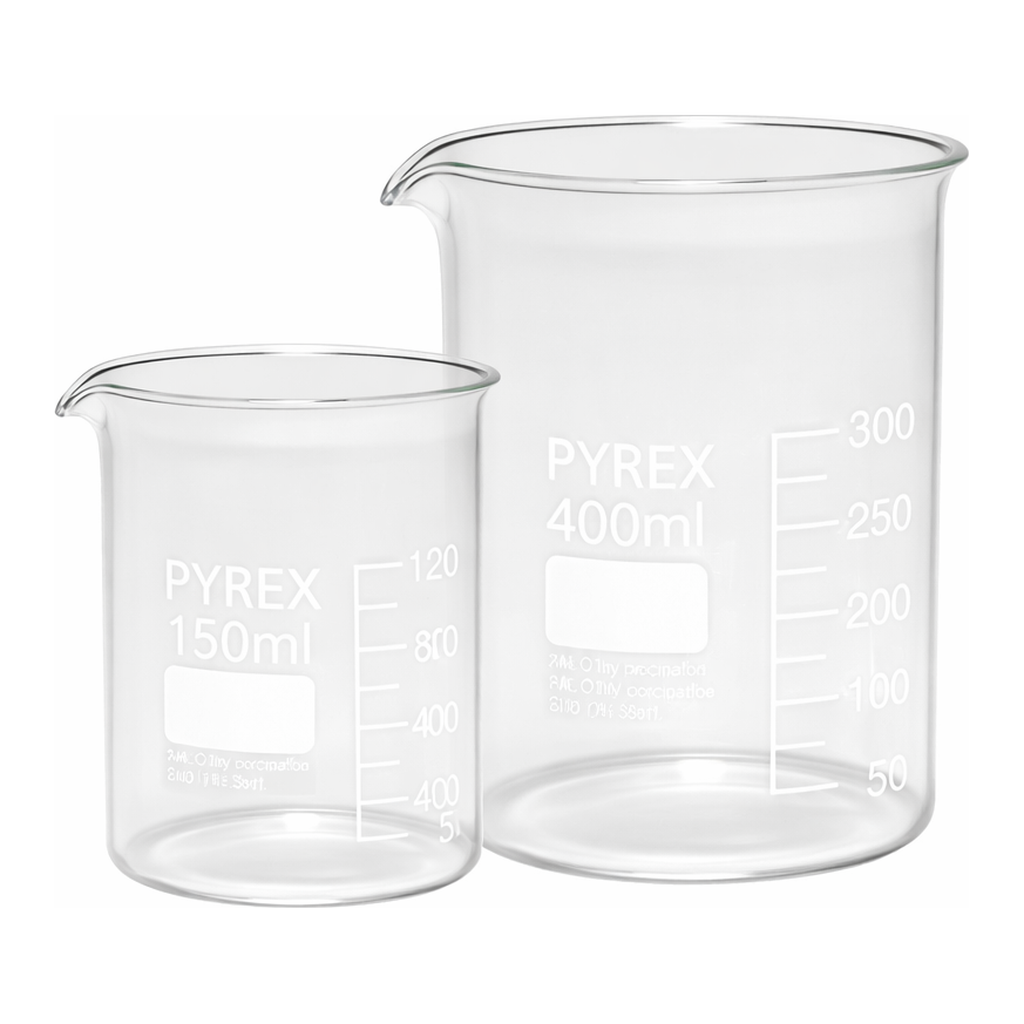 Merck Pyrex Griffin beakers, low form, with printed trace code