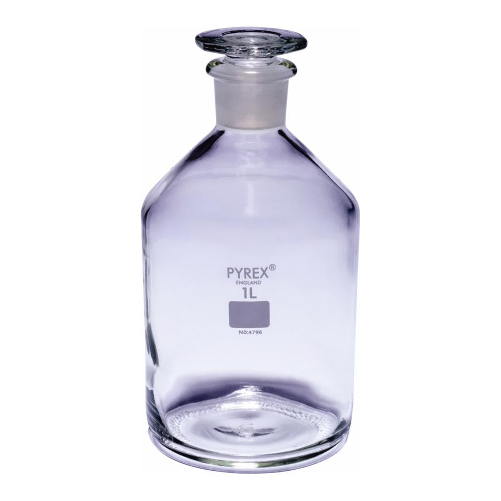 Merck Pyrex Reagent bottles, narrow neck with stopper