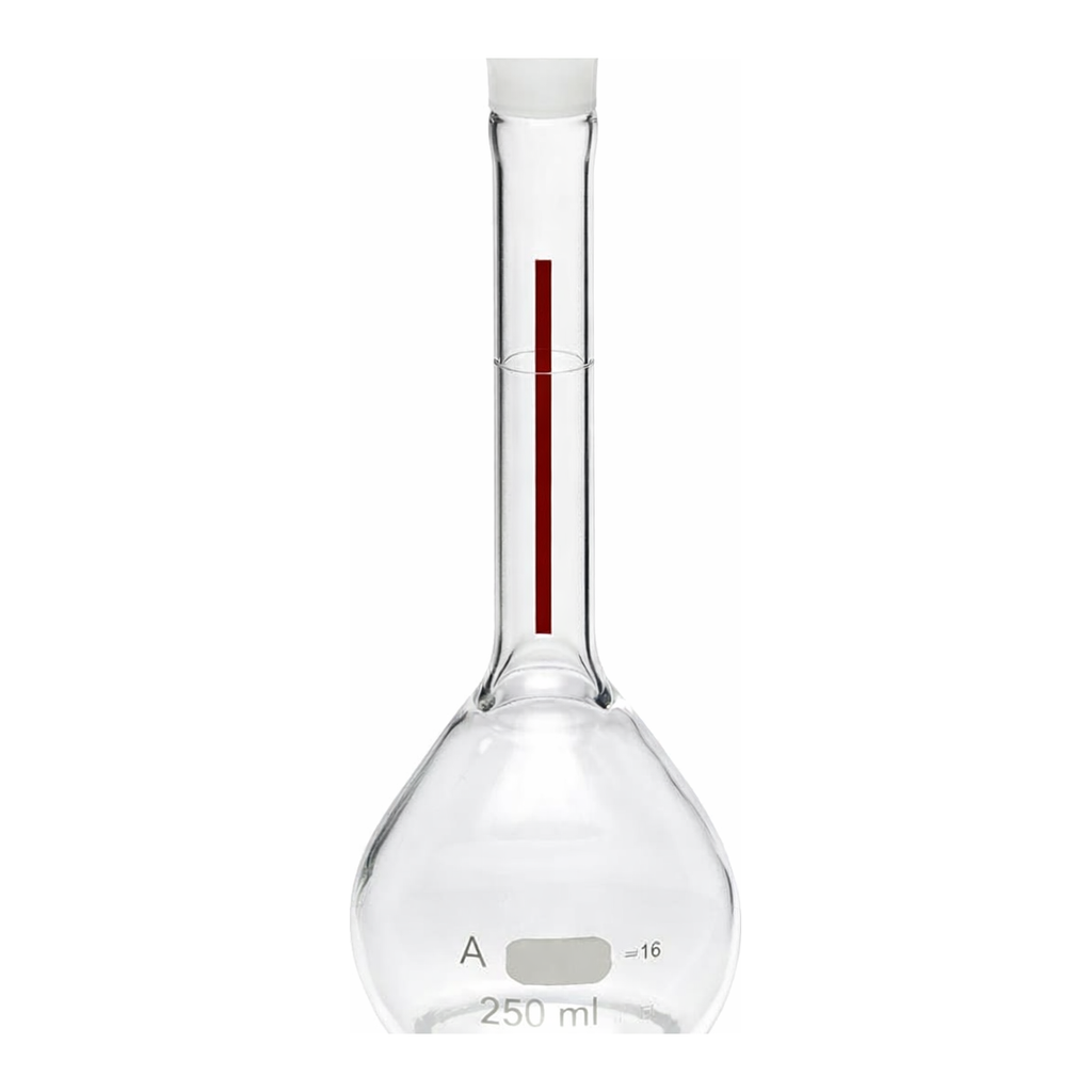 Merck Pyrex Lifetime-Red volumetric flask with Pyrex stopper