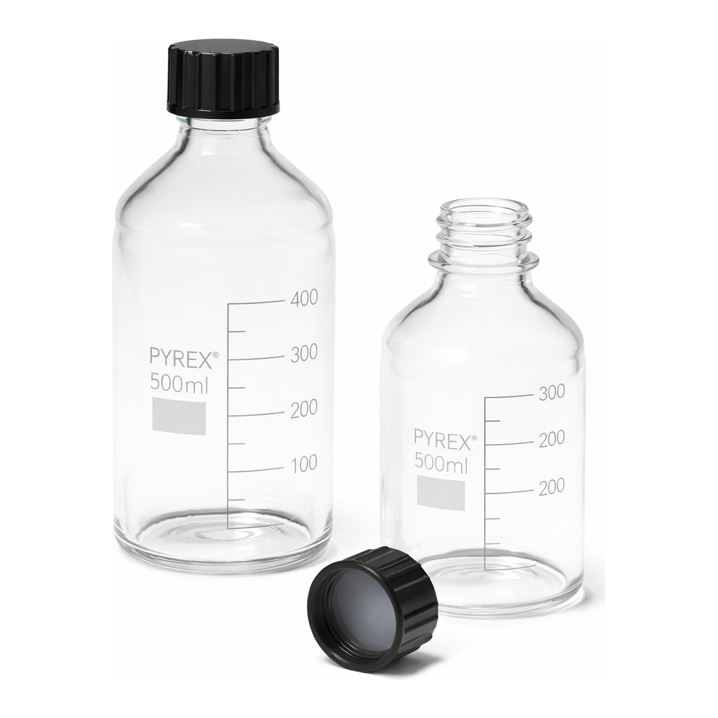 Merck Pyrex Reagent bottles, round bottom with reusable screw caps
