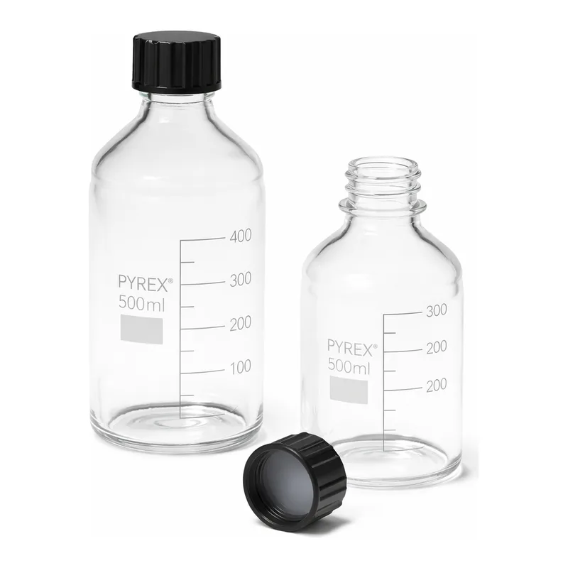 Merck Pyrex Reagent bottles, round bottom with reusable screw caps