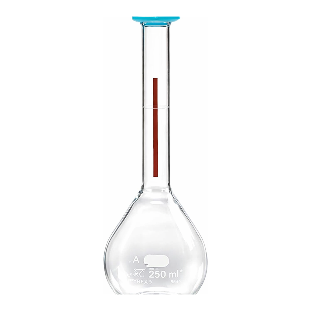 Merck Pyrex Lifetime-Red volumetric flask with snap cap