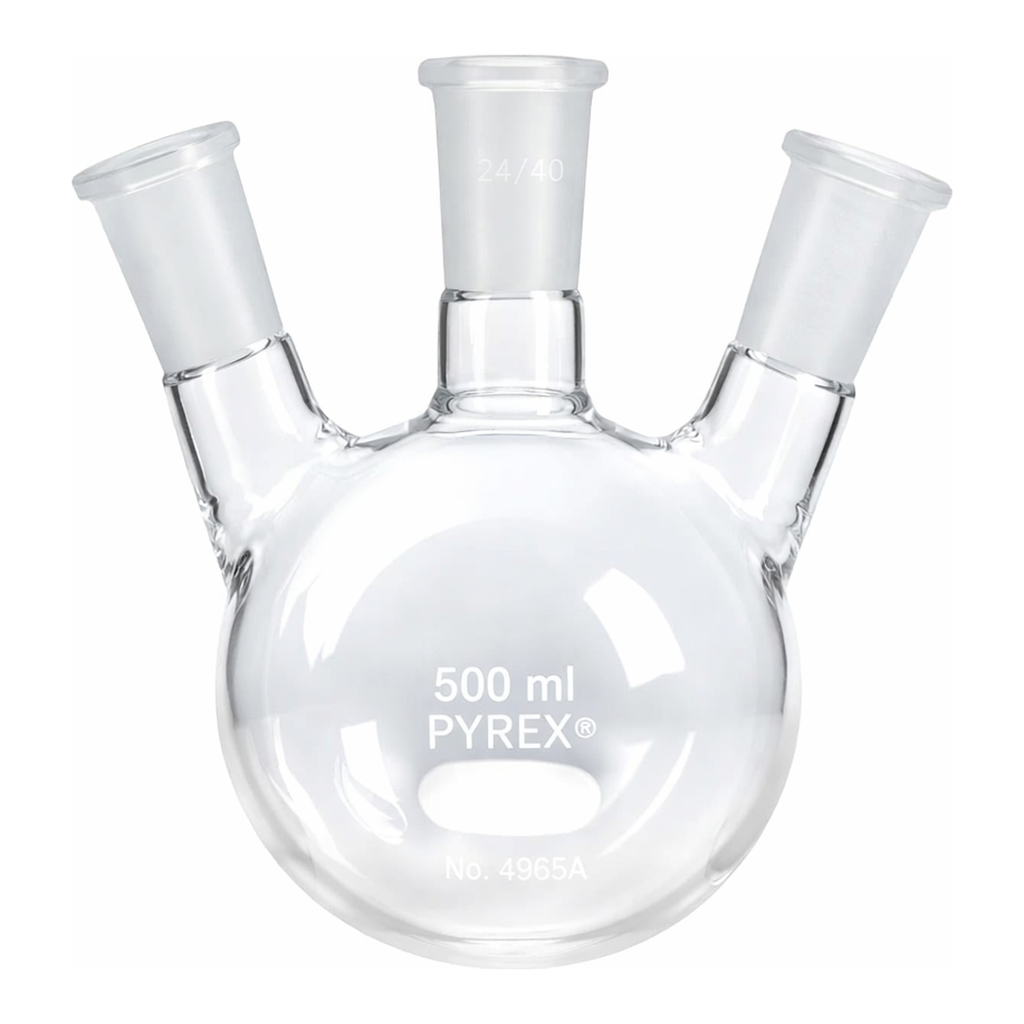 Merck Pyrex round-bottom three neck angle type distilling flask