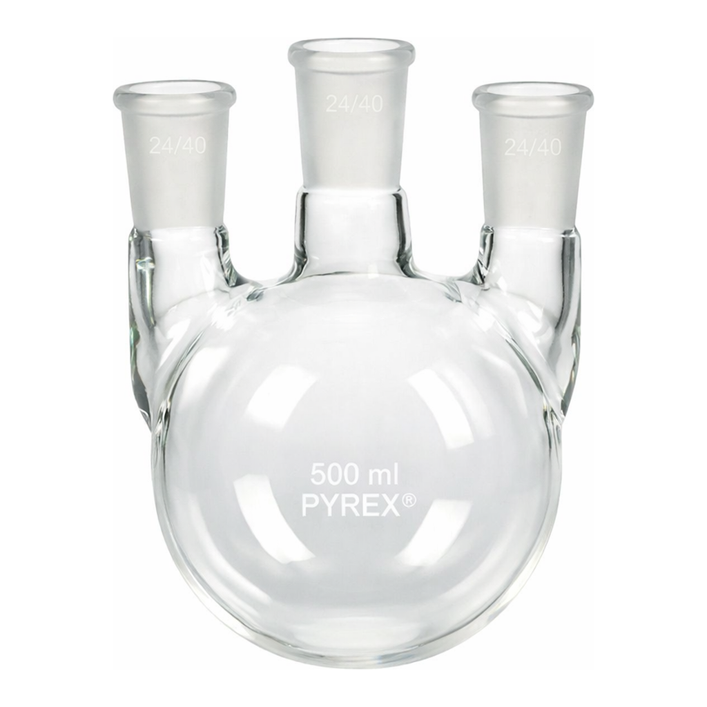 Merck Pyrex round-bottom three neck vertical unequal height flask