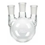 Merck Pyrex round-bottom three neck vertical unequal height flask