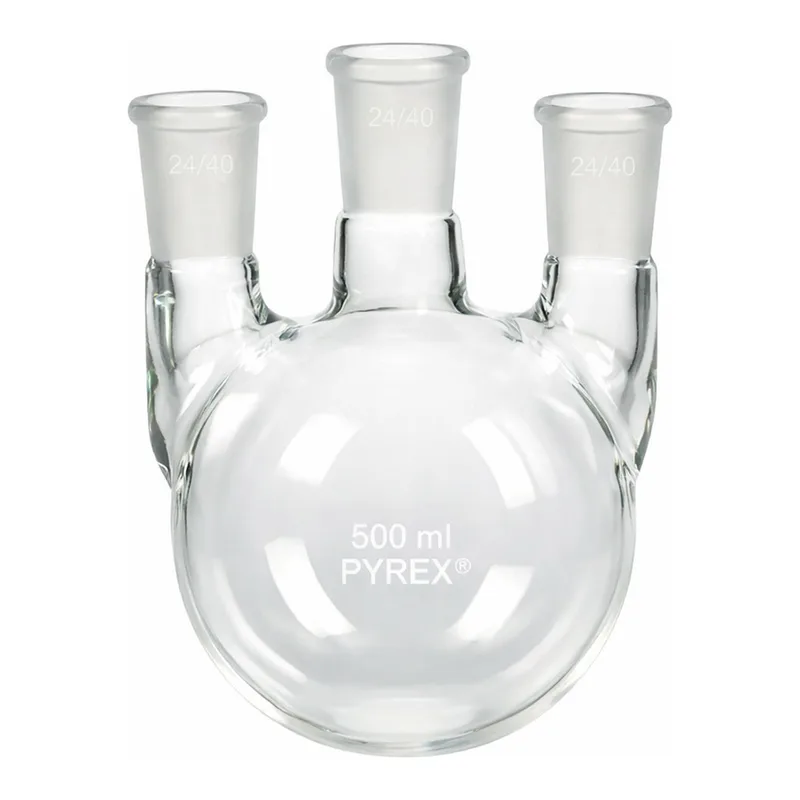 Merck Pyrex round-bottom three neck vertical unequal height flask