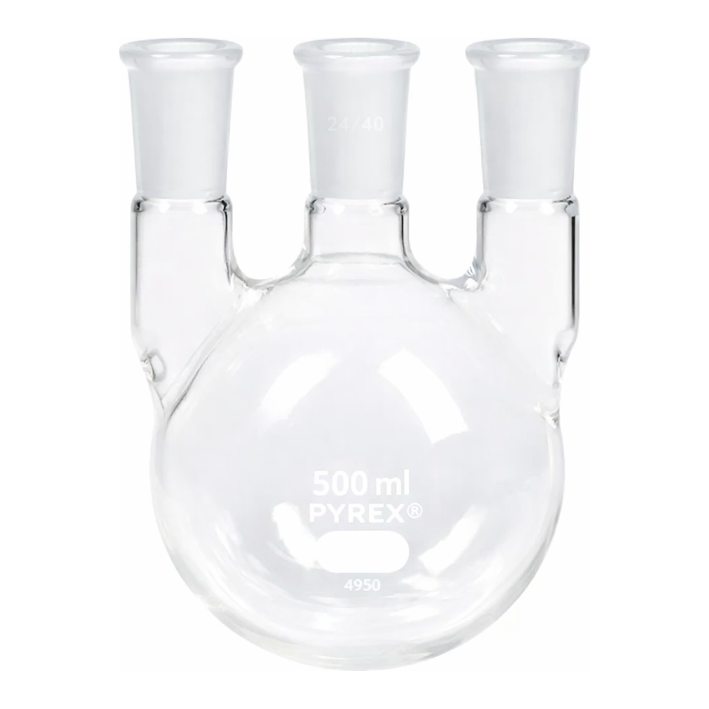 Merck Pyrex round-bottom vertical three neck distilling flask, with 24/40 joints