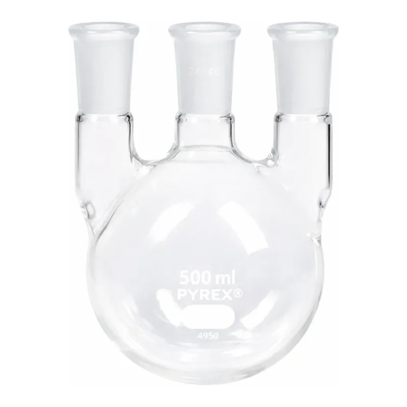 Merck Pyrex round-bottom vertical three neck distilling flask, with 24/40 joints