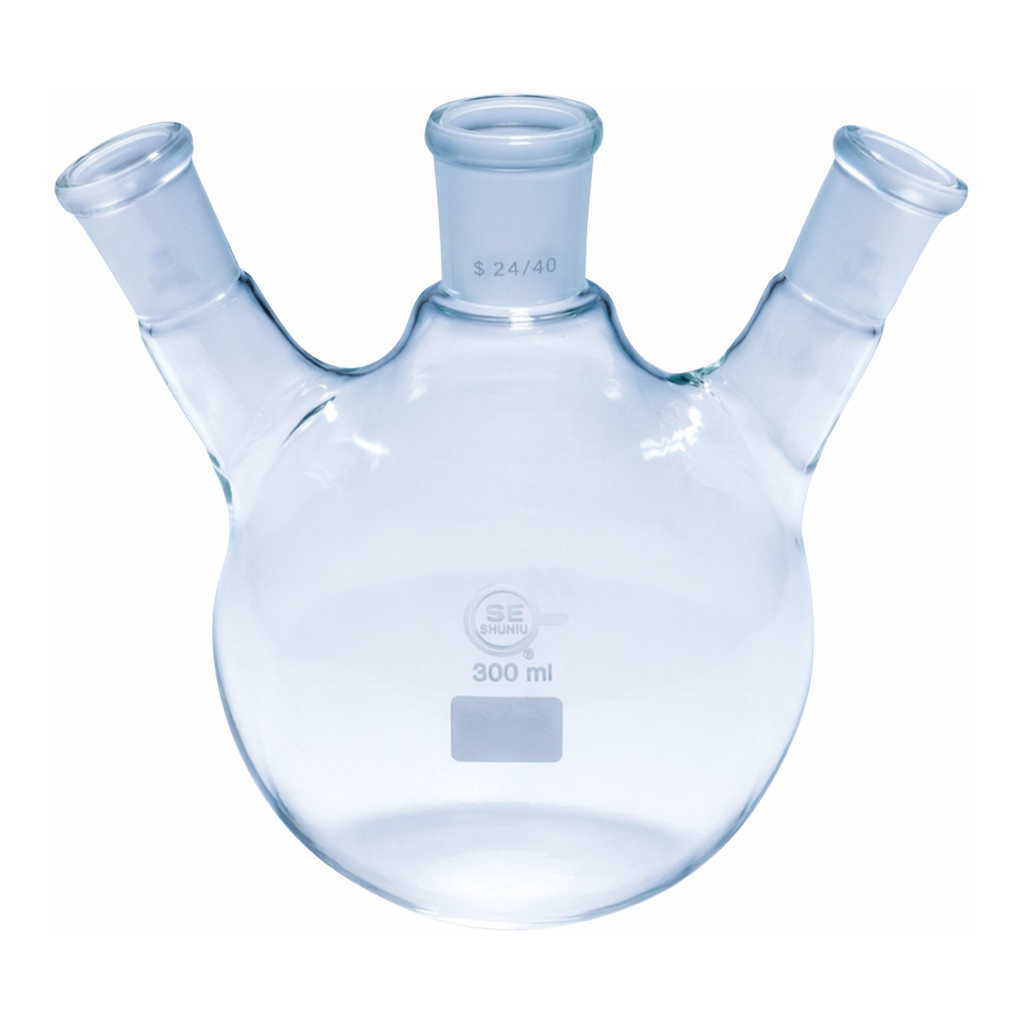 Merck Quickfit three-neck round-bottom flasks with angled necks