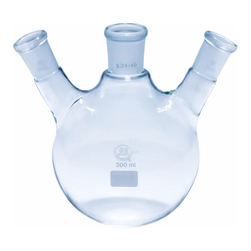Merck Quickfit three-neck round-bottom flasks with angled necks
