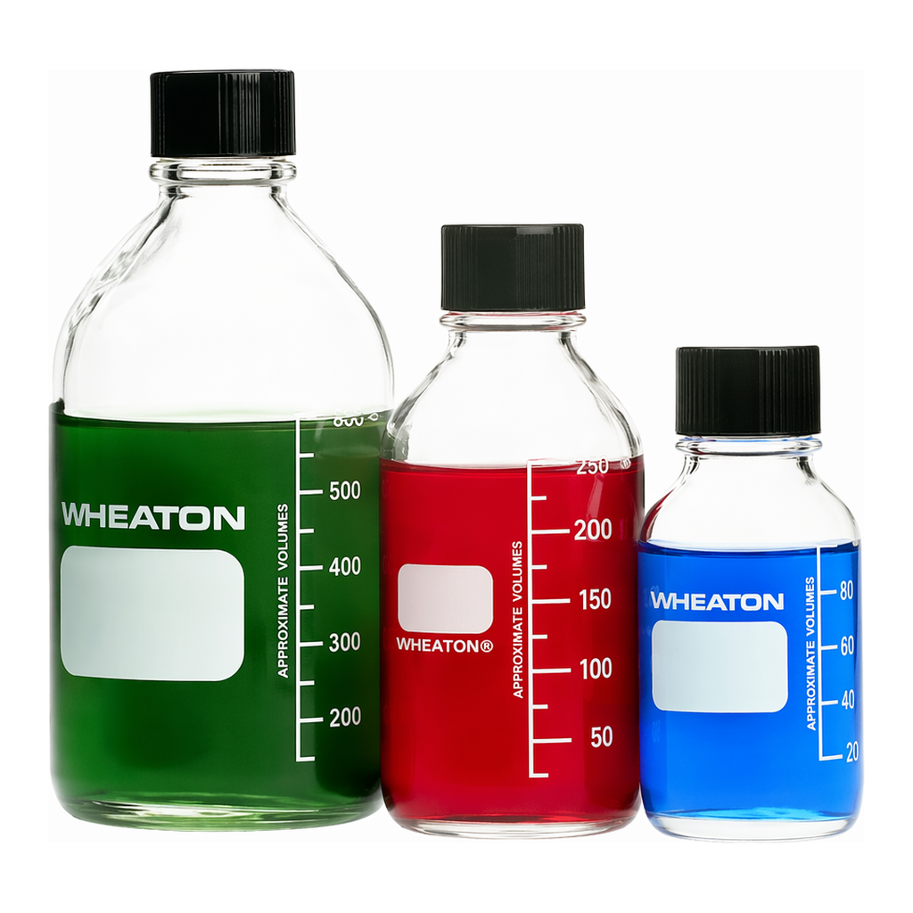 Merck Wheaton media bottles, glass