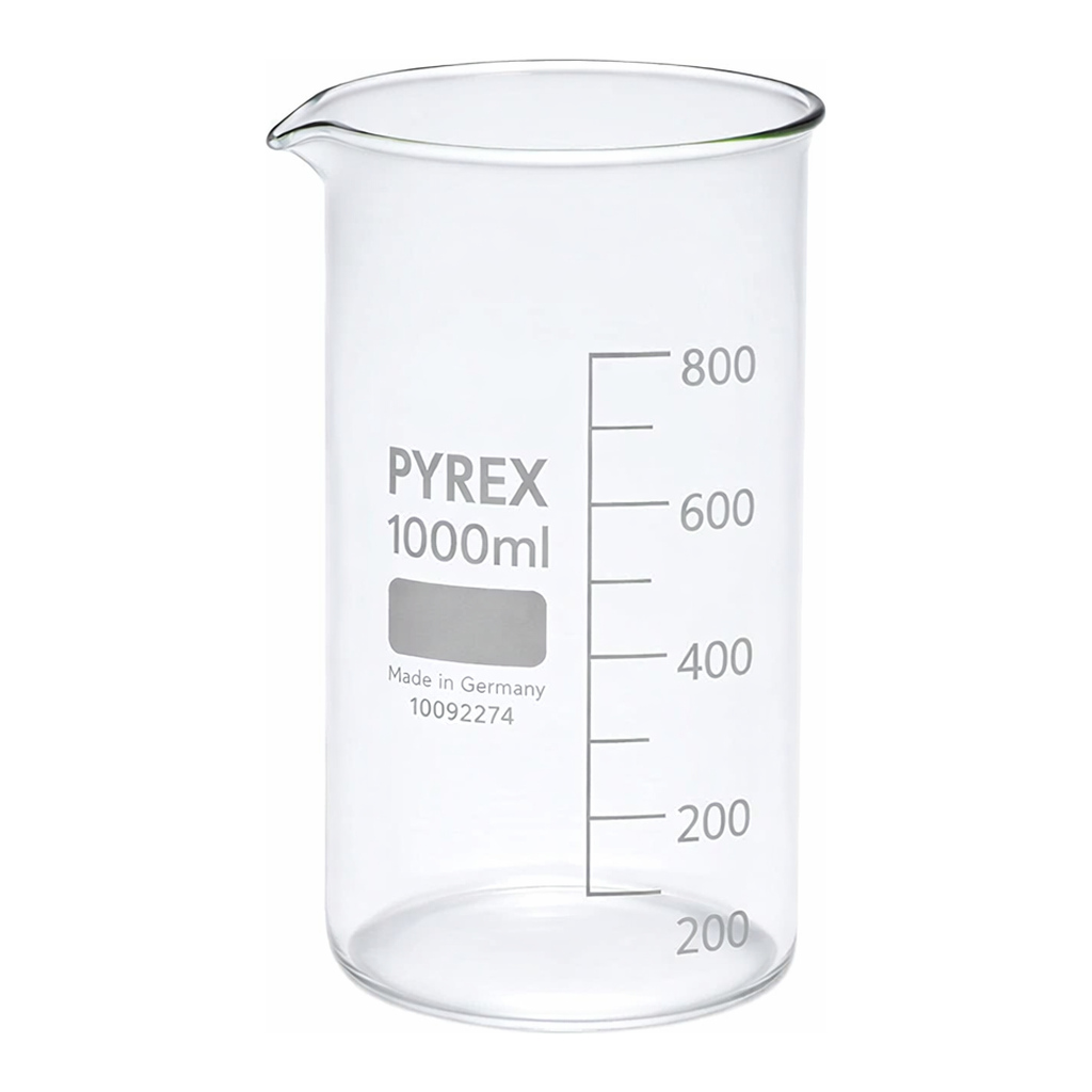Merck Pyrex Berzelius beakers, graduated, tall form with spout, with printed trace code