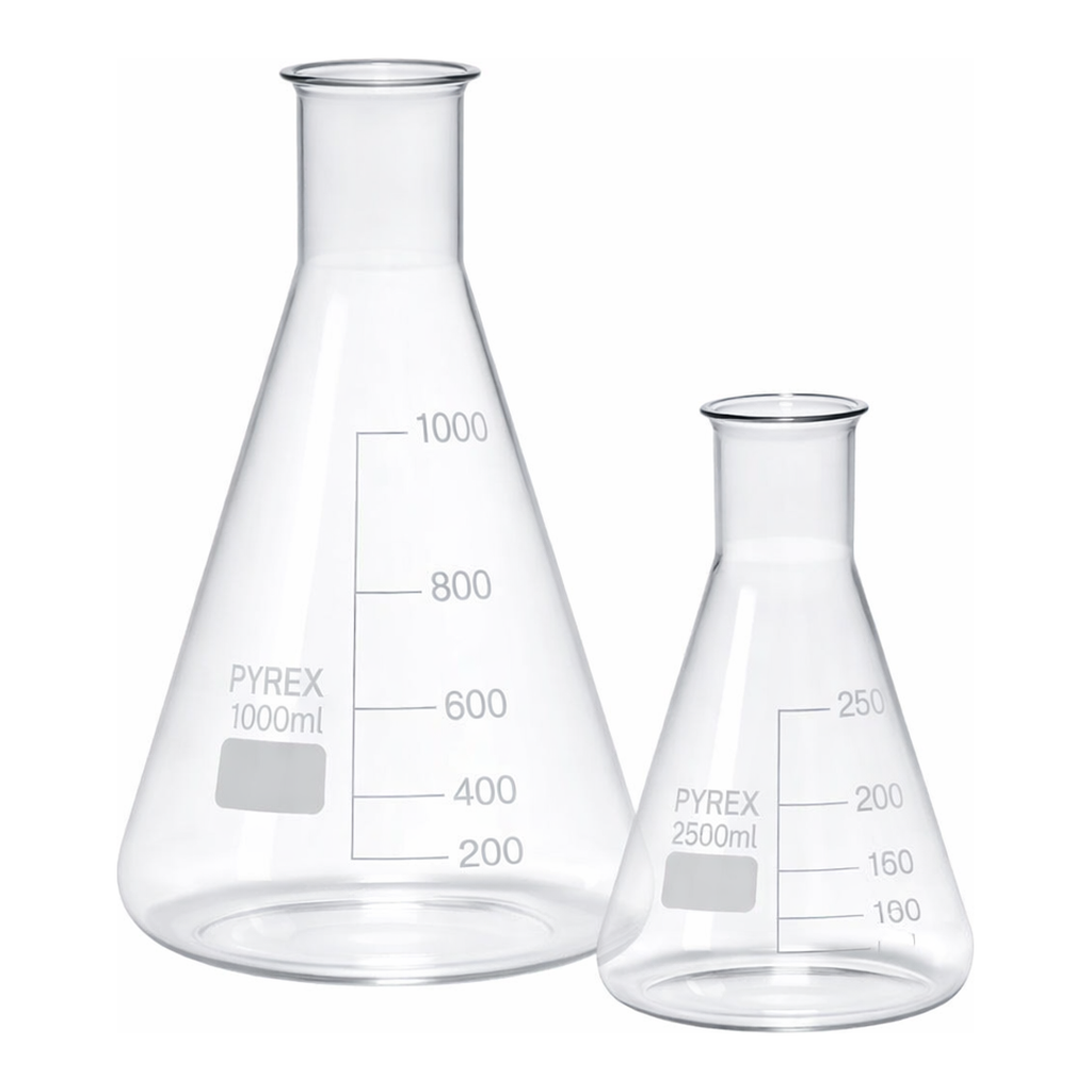 Merck Pyrex Erlenmeyer flask, narrow neck, with printed trace code
