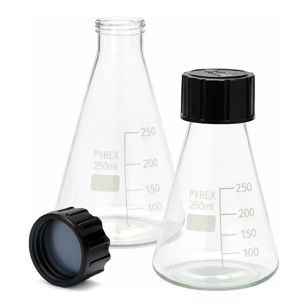 Merck Pyrex Erlenmeyer flask, graduated with SVL screwcaps
