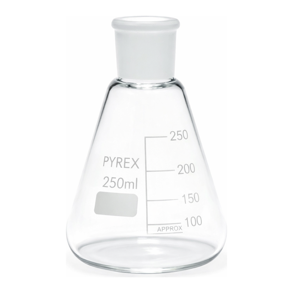 Merck Pyrex Erlenmeyer flask, graduated, ground socket