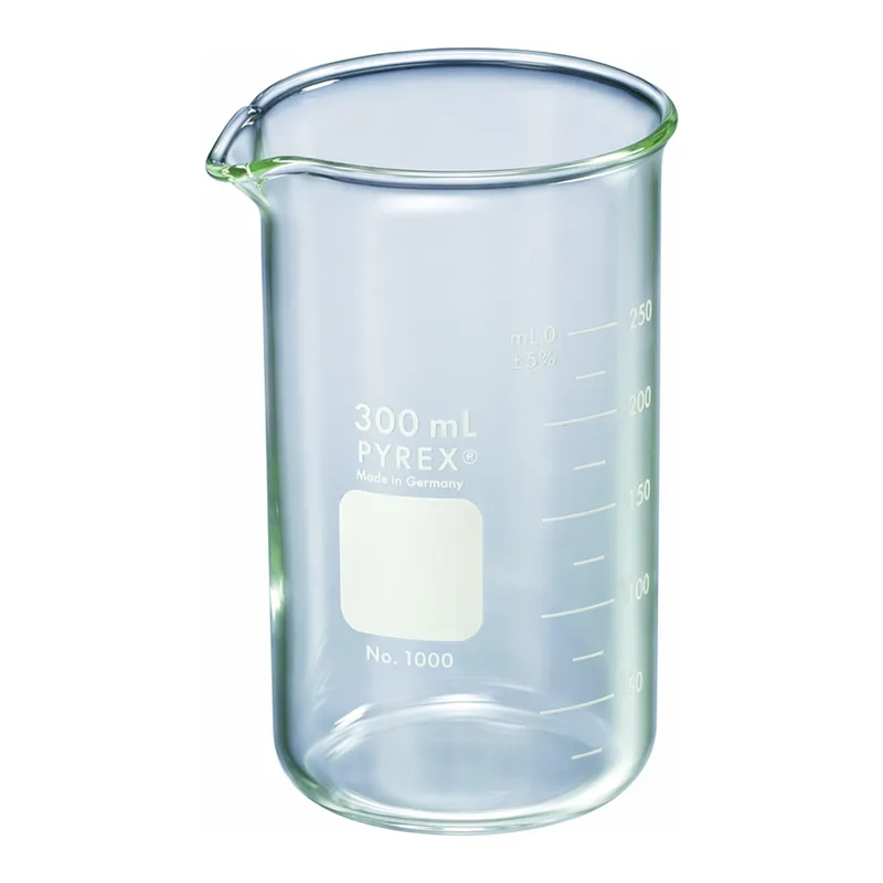 Merck Pyrex Berzelius graduated beaker, tall form with spout