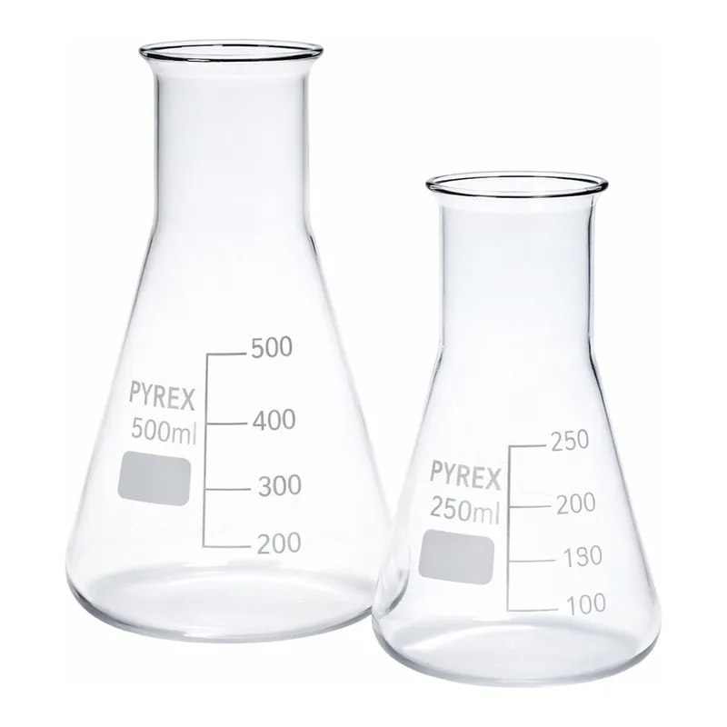 Merck Pyrex Erlenmeyer flask, wide neck, with printed trace code