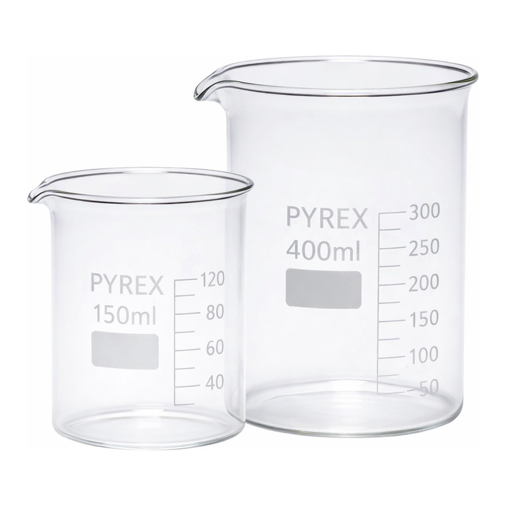Merck Pyrex Griffin beakers, low form, with printed trace code